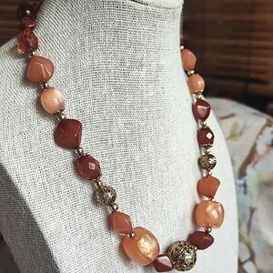 Robert Rose Signed Acrylic Tumbled Stones Gold Filigree Beads Choker Necklace